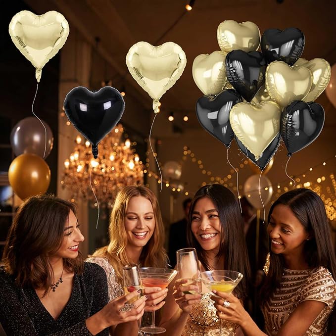 Black Gold Foil Heart Balloons, 18 Inch 10 Pcs Light Gold and Black