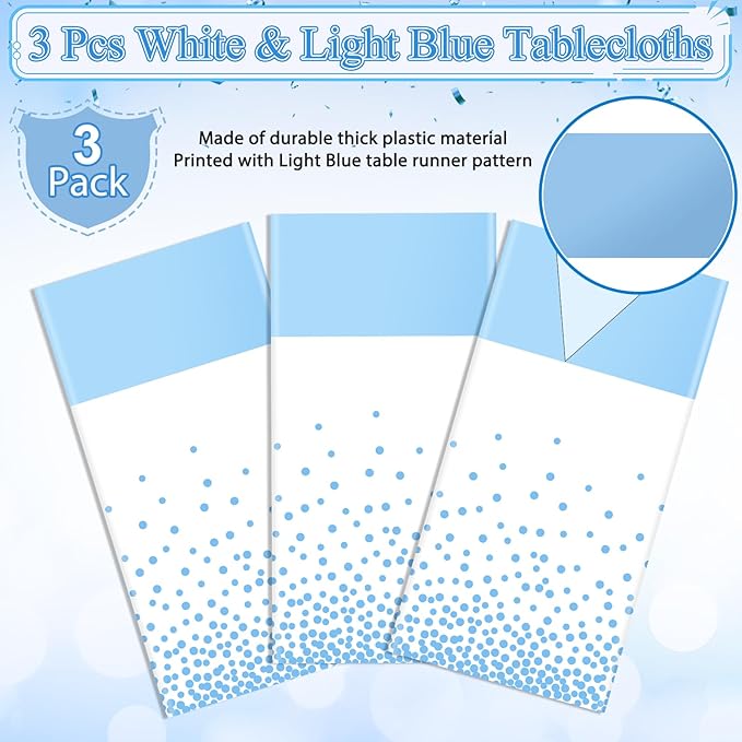 MASHAN 3Pcs White and Light Blue Tablecloth Party Decorations,Plastic