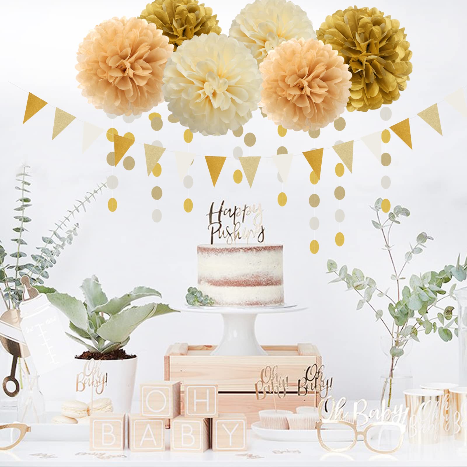 White Gold Champagne Party Decorations - 23pcs Tissue Pom Poms