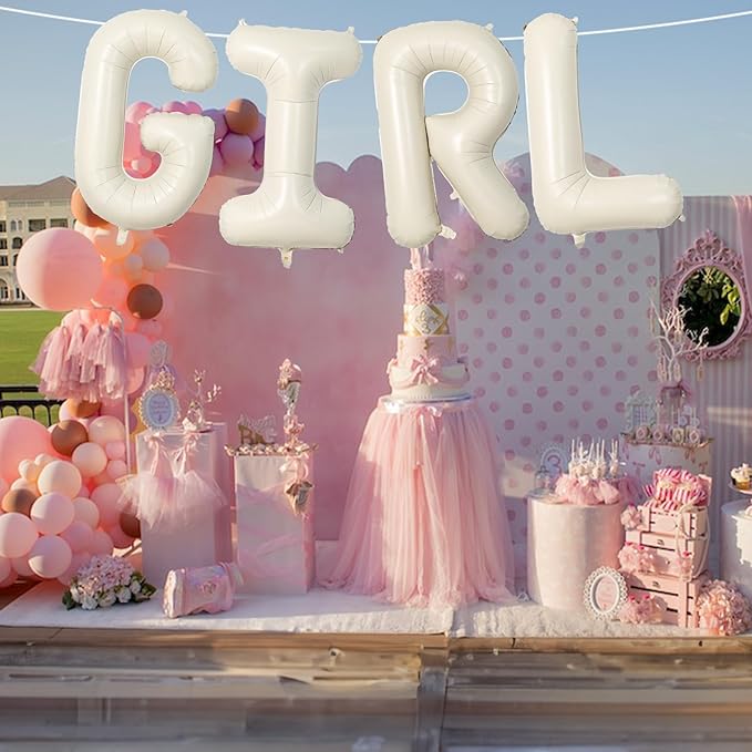 40 Inch Cream Girl Balloons, Large Beige Neutral Letters With Ribbon,