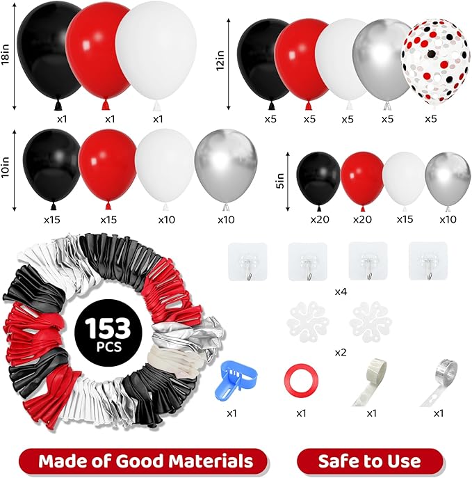 Amandir 153pcs Red Black and White Balloon Arch Garland Kit Different