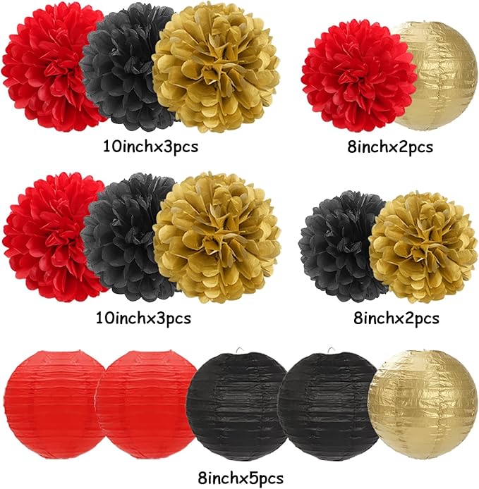 Red Black Gold Party Decorations Paper Flowers Lanterns 15PCS Casino