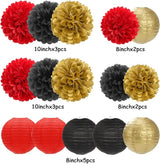 Red Black Gold Party Decorations Paper Flowers Lanterns 15PCS Casino