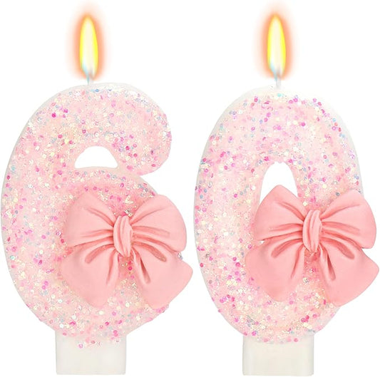 60th Birthday Candles for Cake, Pink Bow Number Cake Candles, 2.76