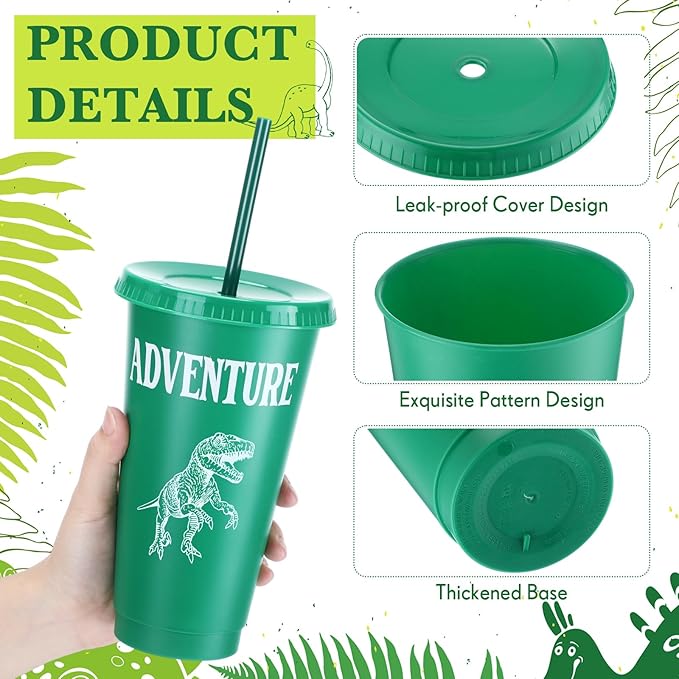 Mifoci 12 Pcs Dinosaur Party Favor 24 oz Plastic Cup with Lids and