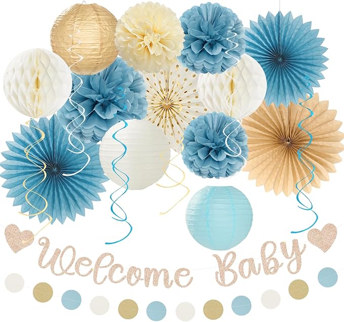 Light Dusty Blue Boho Baby Shower Party Decorations 21pcs Beige