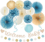 Light Dusty Blue Boho Baby Shower Party Decorations 21pcs Beige