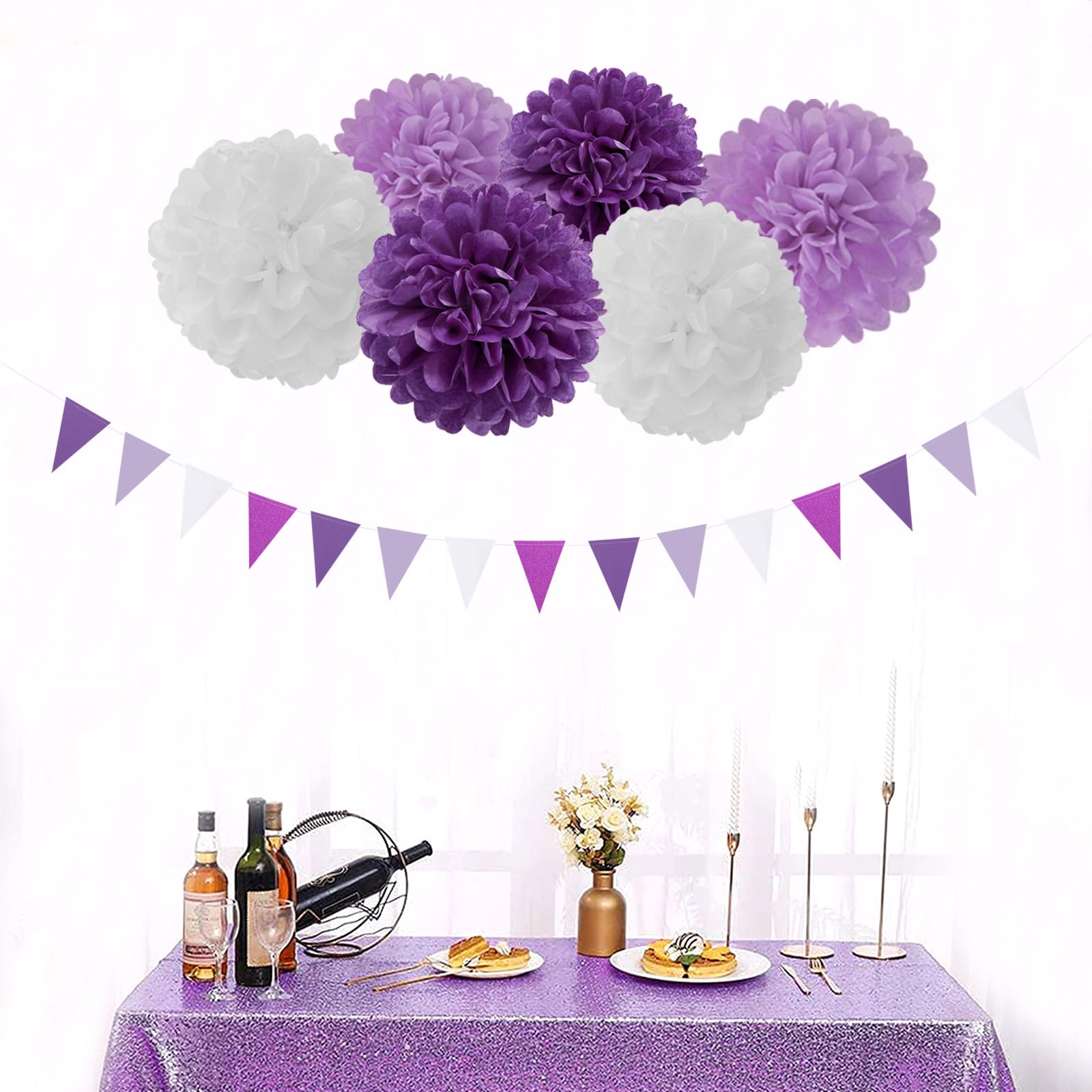 Purple White Lavender Party-Decorations Streamers - 28pcs Tissue Pom