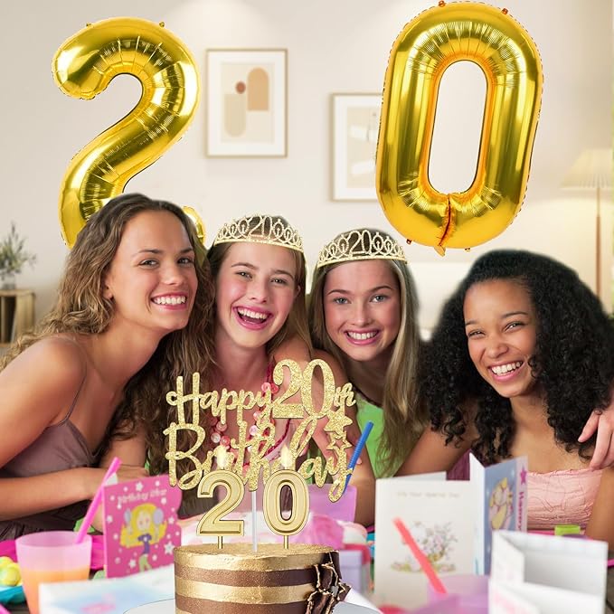 20th Birthday Decorations for Women Gold with 20th Birthday Tiara