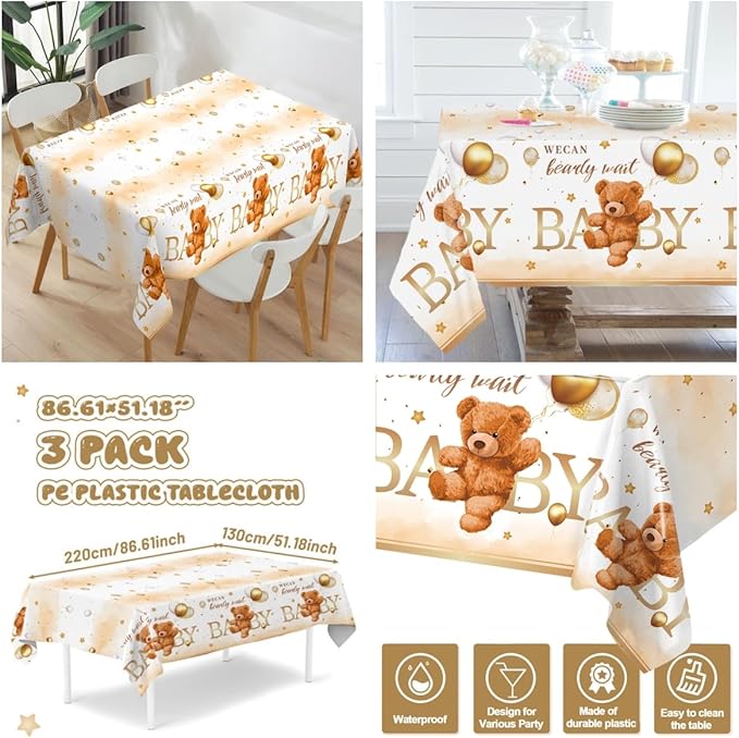 3PCS Bear Baby Shower Tablecloth We Can Bearly Wait Teddy Bear