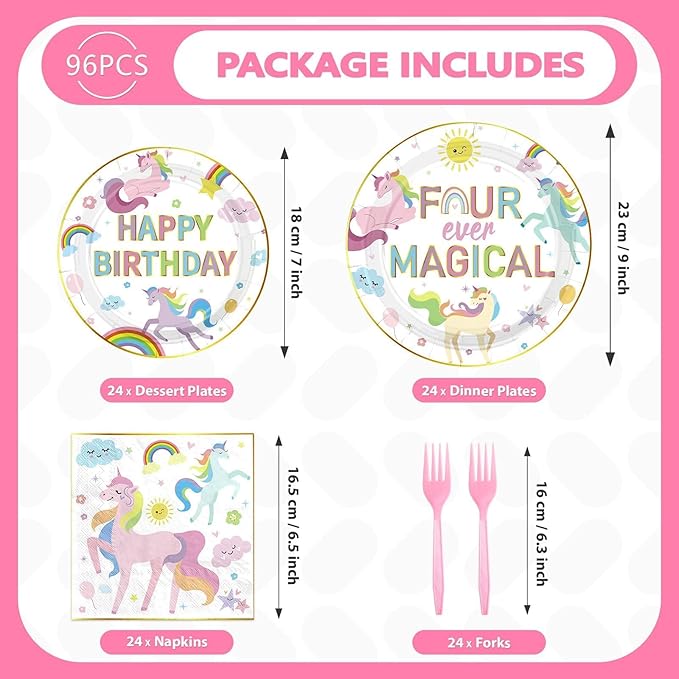 96pc Unicorn 4th Birthday Party Supplies Magical Pastel Rainbow