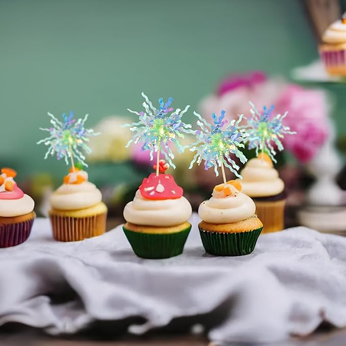 Gyufise 30Pcs Foil Firework Cupcake Toppers Sparkle Tinsel Cake #29