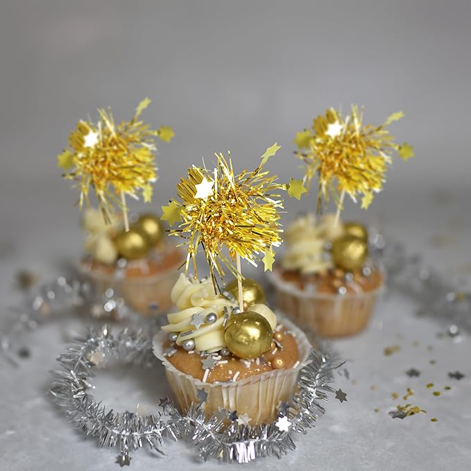 Gyufise 30Pcs Star Foil Firework Cupcake Toppers Sparkle Tinsel Cake