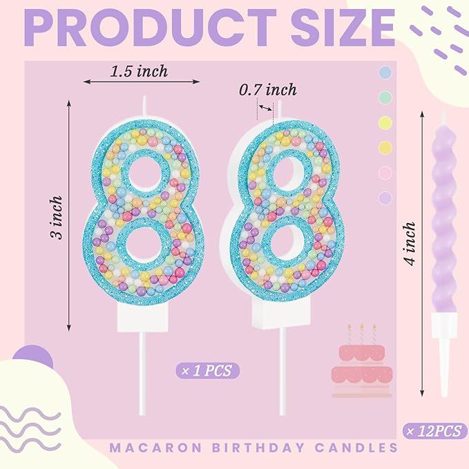 MTLEE Number 8 Birthday Candle with 12 Pcs Spiral Candles for Girls #3
