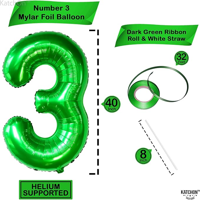 KatchOn, Giant Green Number 3 Balloon - 40 Inch | Three Rex Birthday
