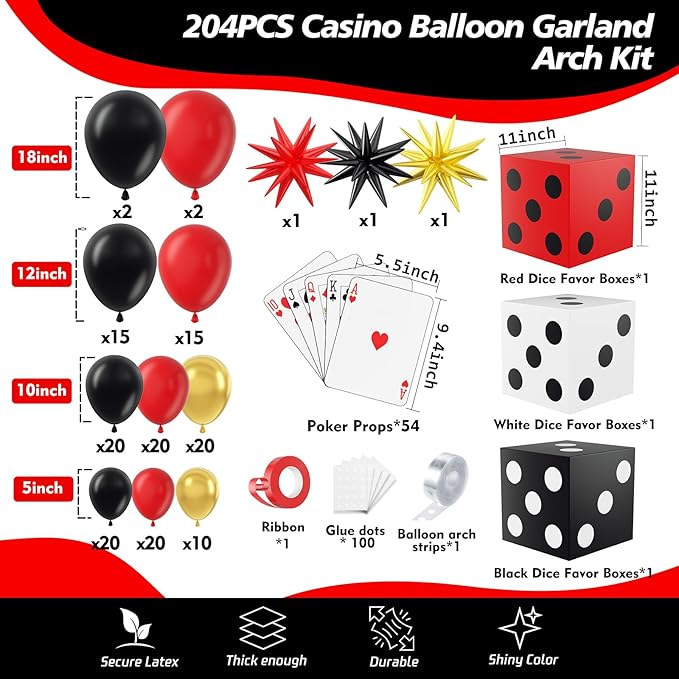 204Pcs Casino Balloon Garland Arch Kit Casino Theme Party