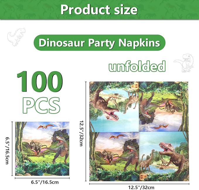 100pcs Dinosaur Napkins 13x13 Inches Disposable Dino Party