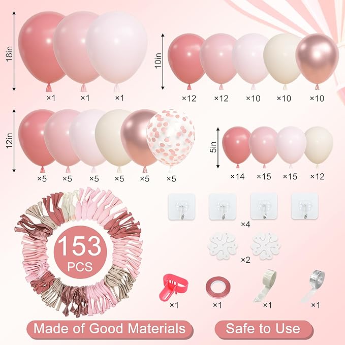 Amandir 153pcs Dusty Pink Balloon Garland Arch Kit, Different Sizes