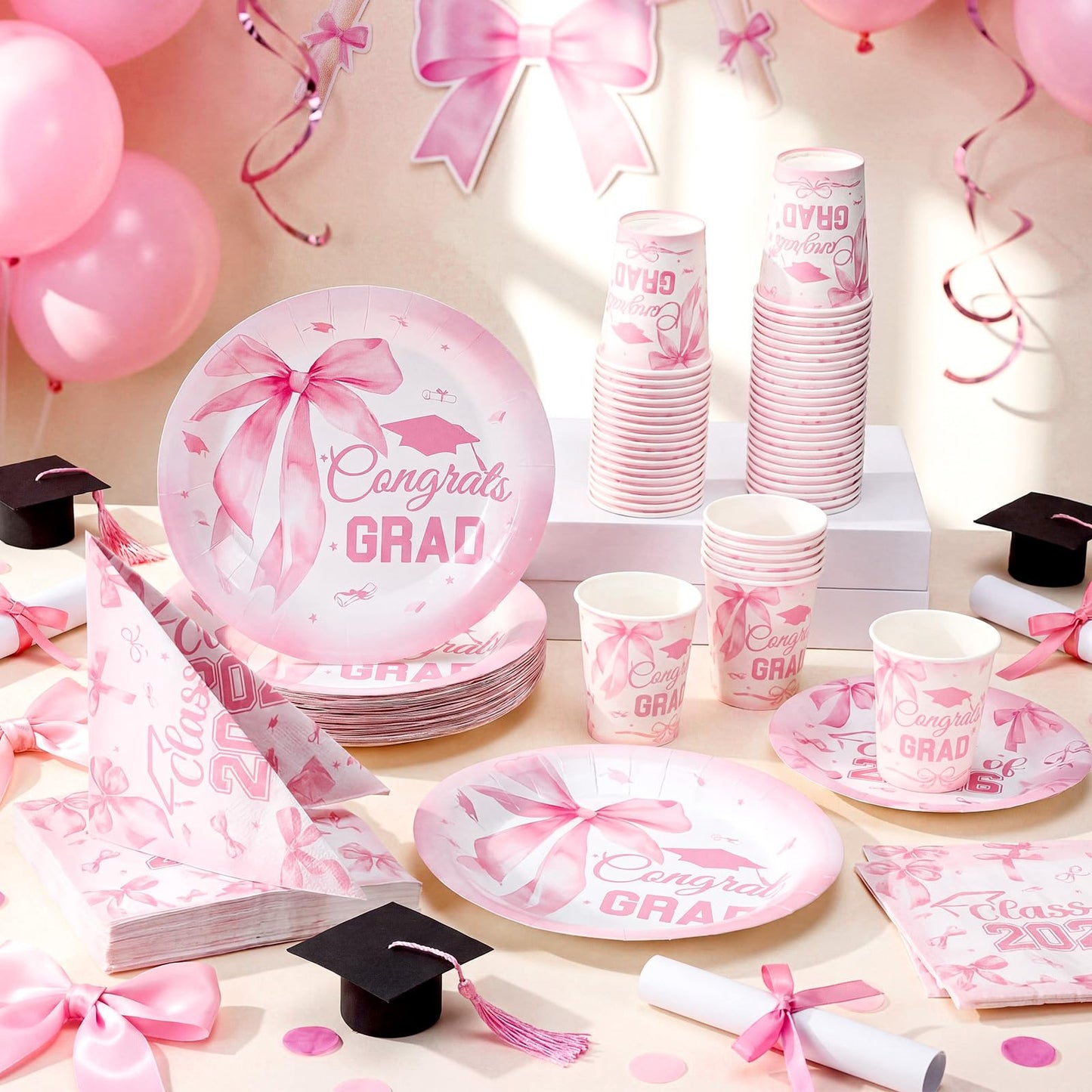 Hsei 250 Pcs Pink Graduation Disposable Plates and Napkins Bow