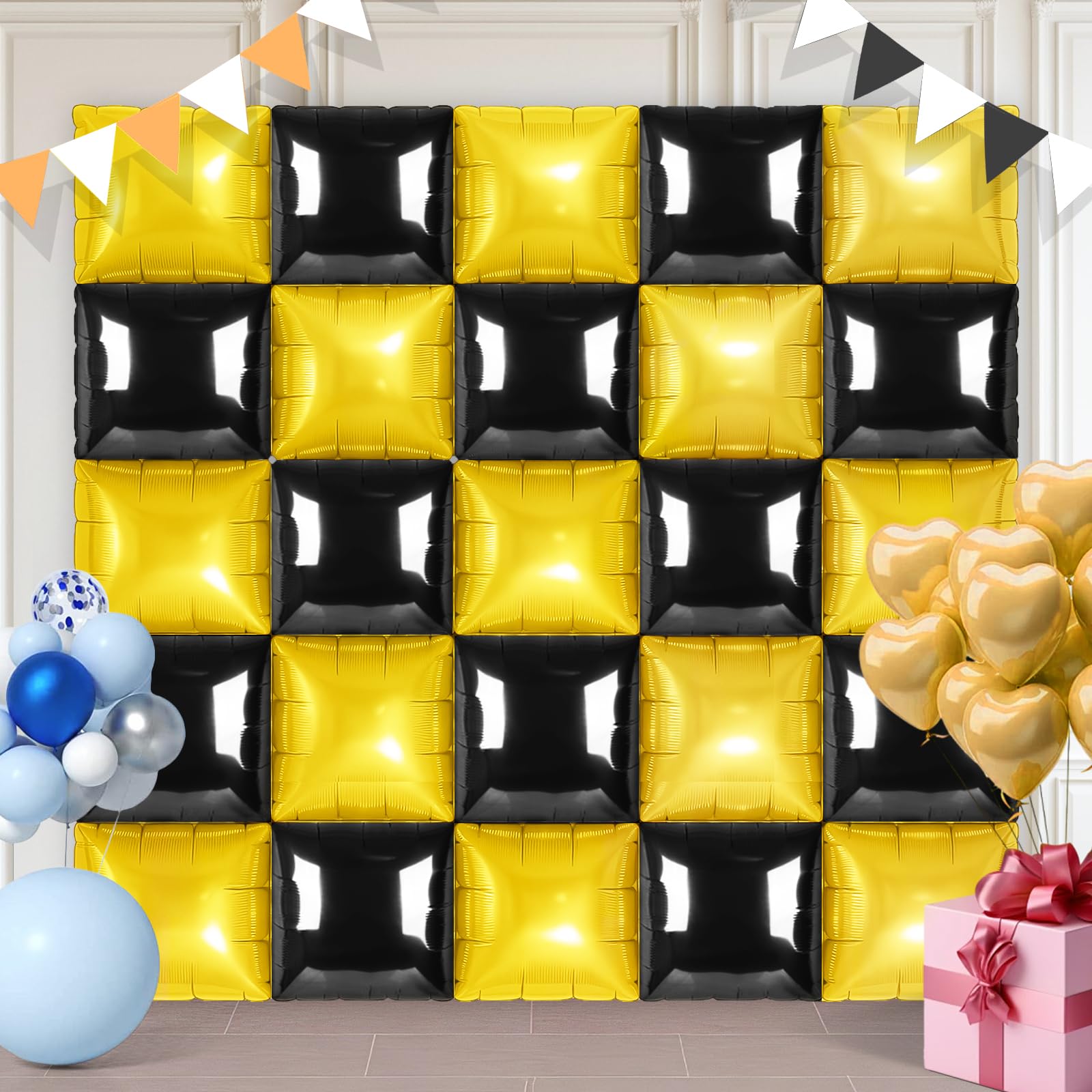 Black and Gold Square Foil Balloons 25 Pcs Metallic Black and Gold