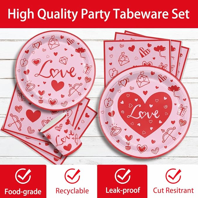140Pcs Red Valentine's Day Party Decorations Envelope Heart Plates