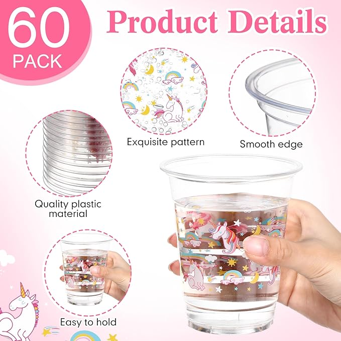 60 Pack Unicorn Cups 12 oz Disposable Clear Plastic Unicornio