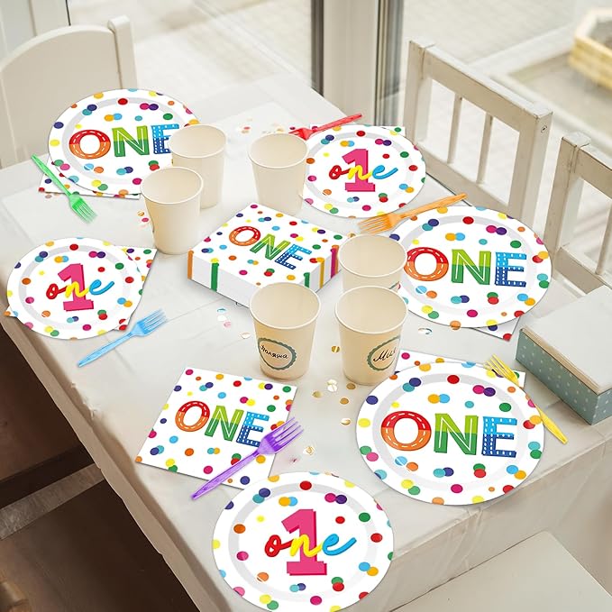 96pcs Rainbow 1st Birthday Plates and Napkins Confetti Happy