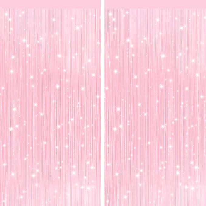 2Pack Pastel Pink Metallic Tinsel Foil Fringe Curtains, Pink