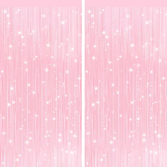 2Pack Pastel Pink Metallic Tinsel Foil Fringe Curtains, Pink