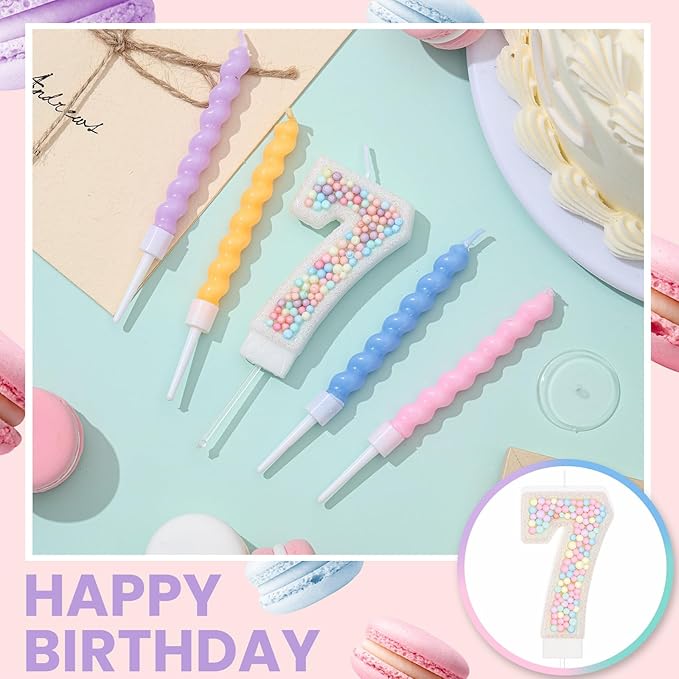 MTLEE Number 7 Birthday Candle with 12 Pcs Spiral Candles for Girls Ma