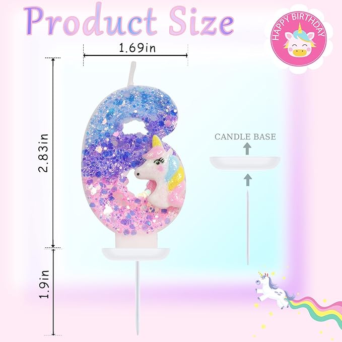 Unicorn Candle Number 6 Candle 6th Birthday Decorations for Girls