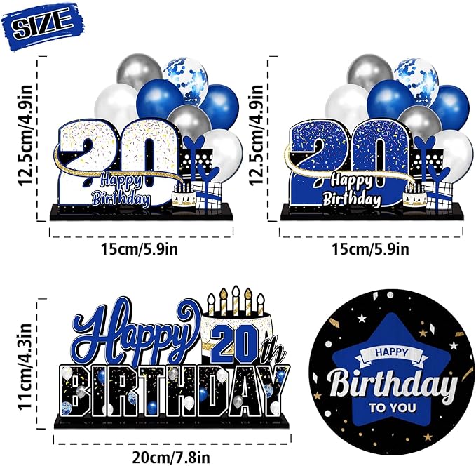 LINGTEER Happy 20th Birthday Blue Acrylic Table Topper Centerpieces