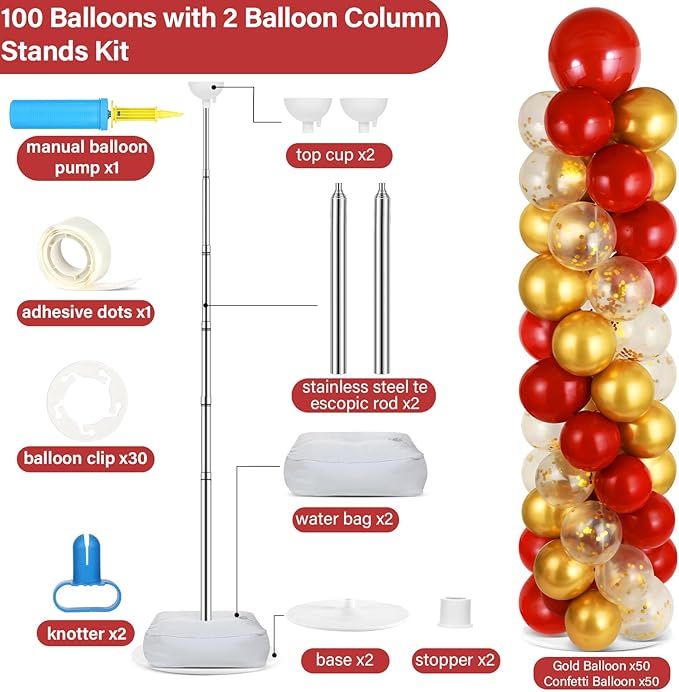 2 Sets Red Gold Balloon Column Stand Kit with 100 Balloons Adjustable