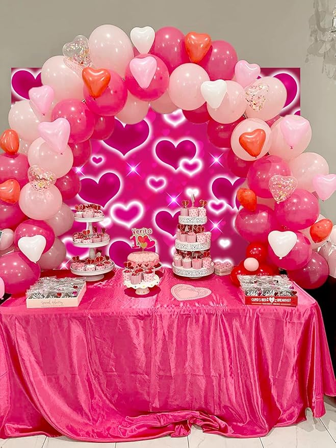 Hot Pink Heart Photo Backdrop 10x8FT Galentines Day Decorations