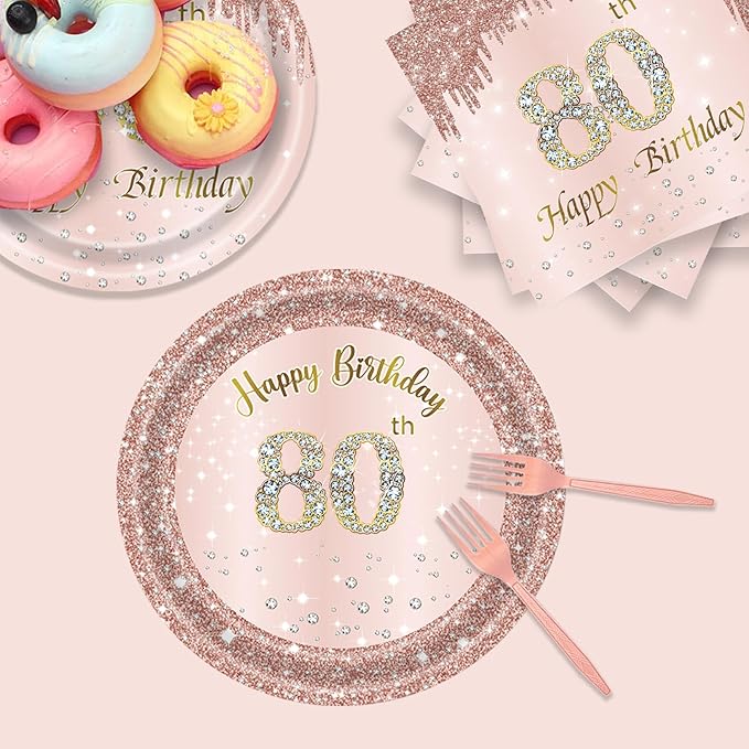 24 Sets 80th Rose Gold Birthday Party Decrations for Women 80