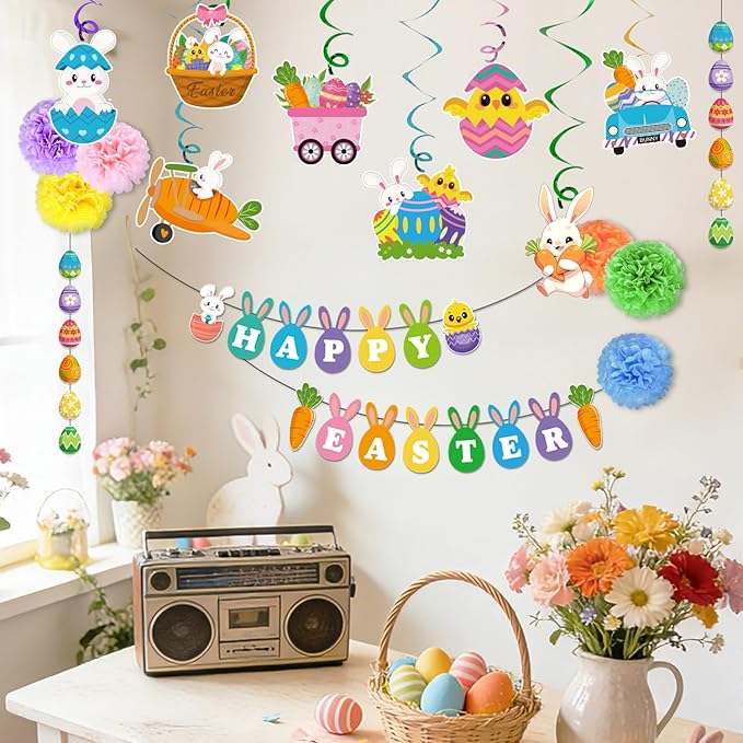 25Pcs Easter Decorations Set with Happy Easter Banner Easter Egg