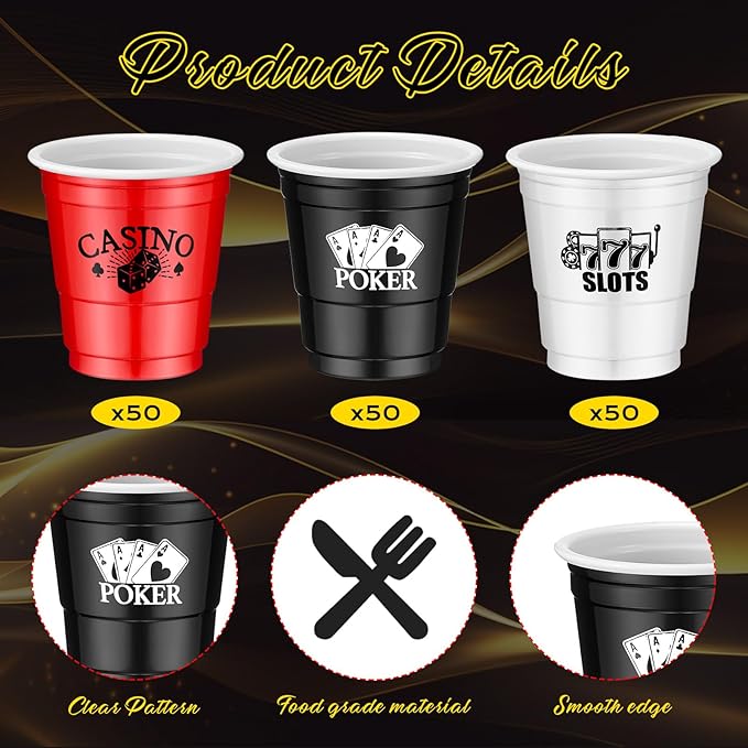 150 Pcs Casino Party Cups 2 oz Plastic Shot Glass Poker Tumbler for