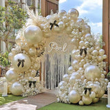 Pearl Sand White Balloon Arch Kit with Black Bow Double Stuffed Pearl