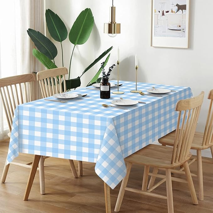 QIKSION Light Blue Gingham Tablecloth Disposable 3 Pack, 54 x 108