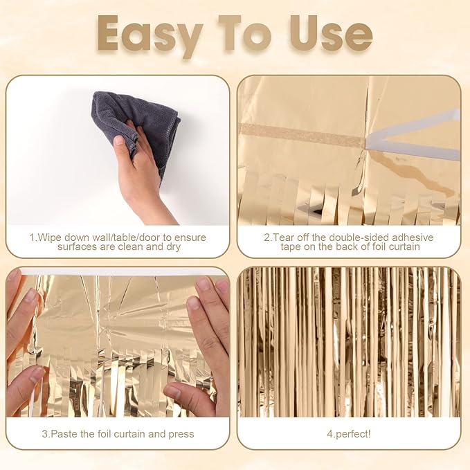 Voircoloria 3 Pack 3.3x8.2 Feet Champagne Foil Fringe Backdrop