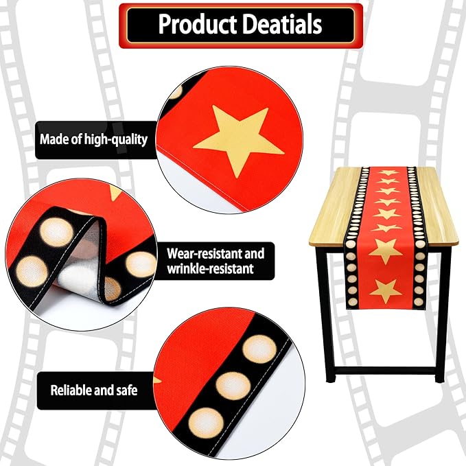 13 x 72 Inch Movie Night Table Runner with Gold Star Design Red