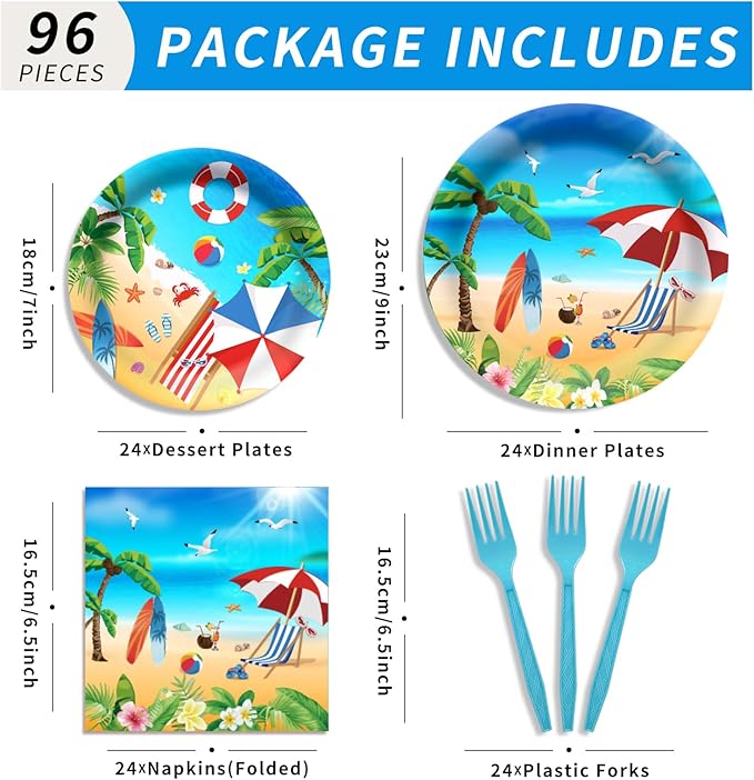 96 Pcs Beach Party Supplies Summer Beach Plates and Napkins Set