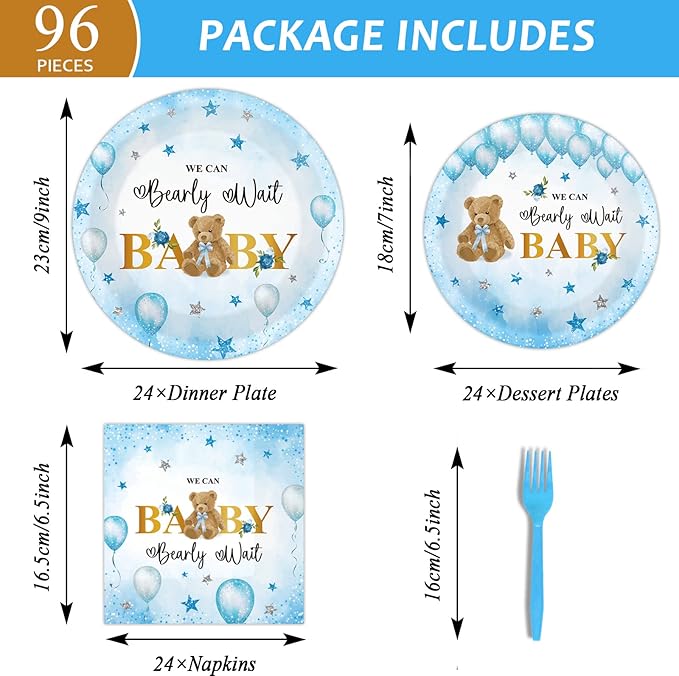 96PCS Bear Baby Shower Tableware Set We Can Bearly Wait Dessert