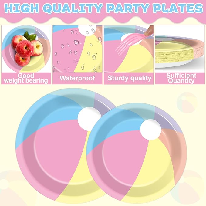 96PCS Summer Macaron Beach Ball Party Paper Plates and Napkins and
