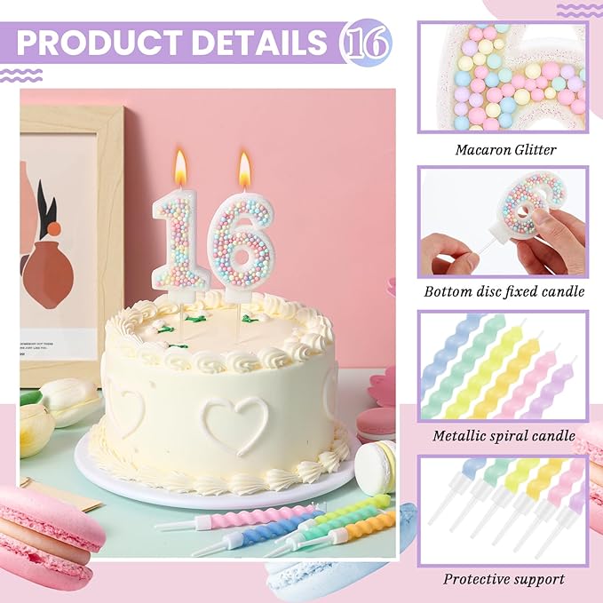 MTLEE Number 16 Birthday Candle with 12 Pcs Spiral Candles for Girls