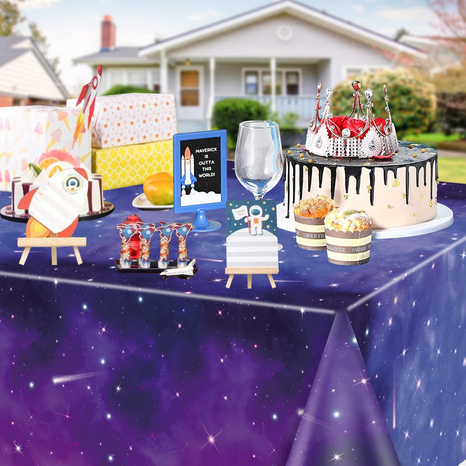 QUERICKY 4 Pack Space Galaxy Party Tablecloths, Starry Night