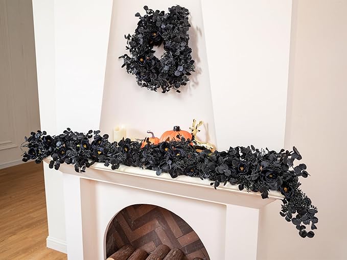 6FT Black Halloween Garland with 10 Black Rose and Berries