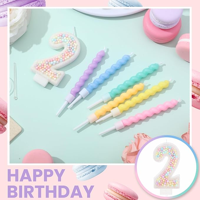 MTLEE Number 2 Birthday Candle with 12 Pcs Spiral Candles for Girls