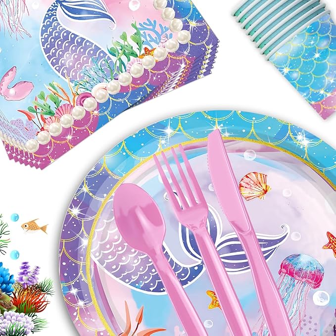 Mermaid Birthday Decorations Disposable Tableware Plates for Baby