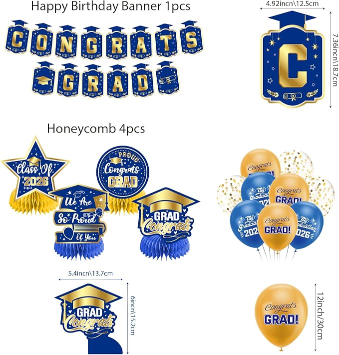 Graduation Decorations 2026 Blue and Gold Set, Congrats Grad Decor